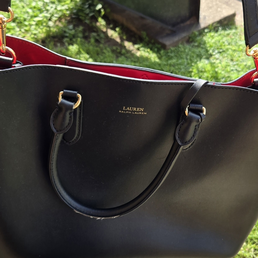 Ralph Lauren Black And Red Marcy Leather Satchel Tote Bag Purse Shoulder Bag